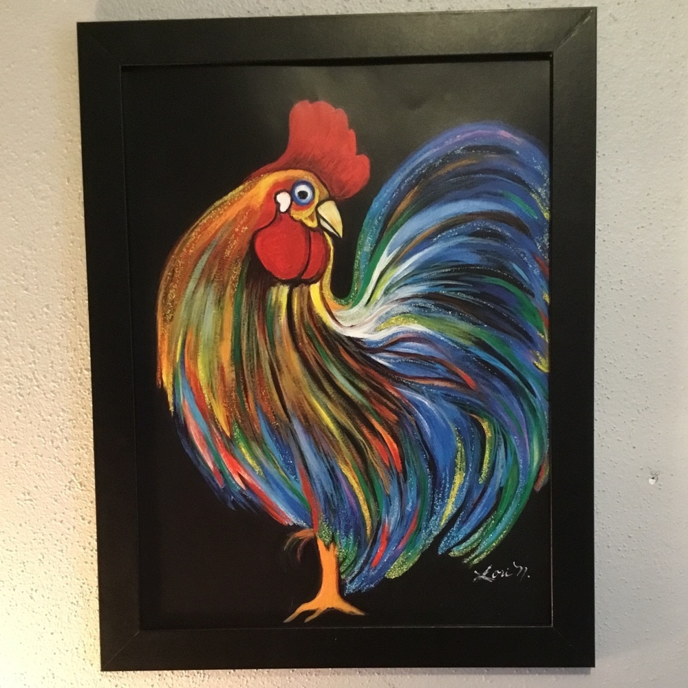 NEW COLORFUL ROOSTER PRINT FROM ORIGINAL ACRYLIC PAINTING.